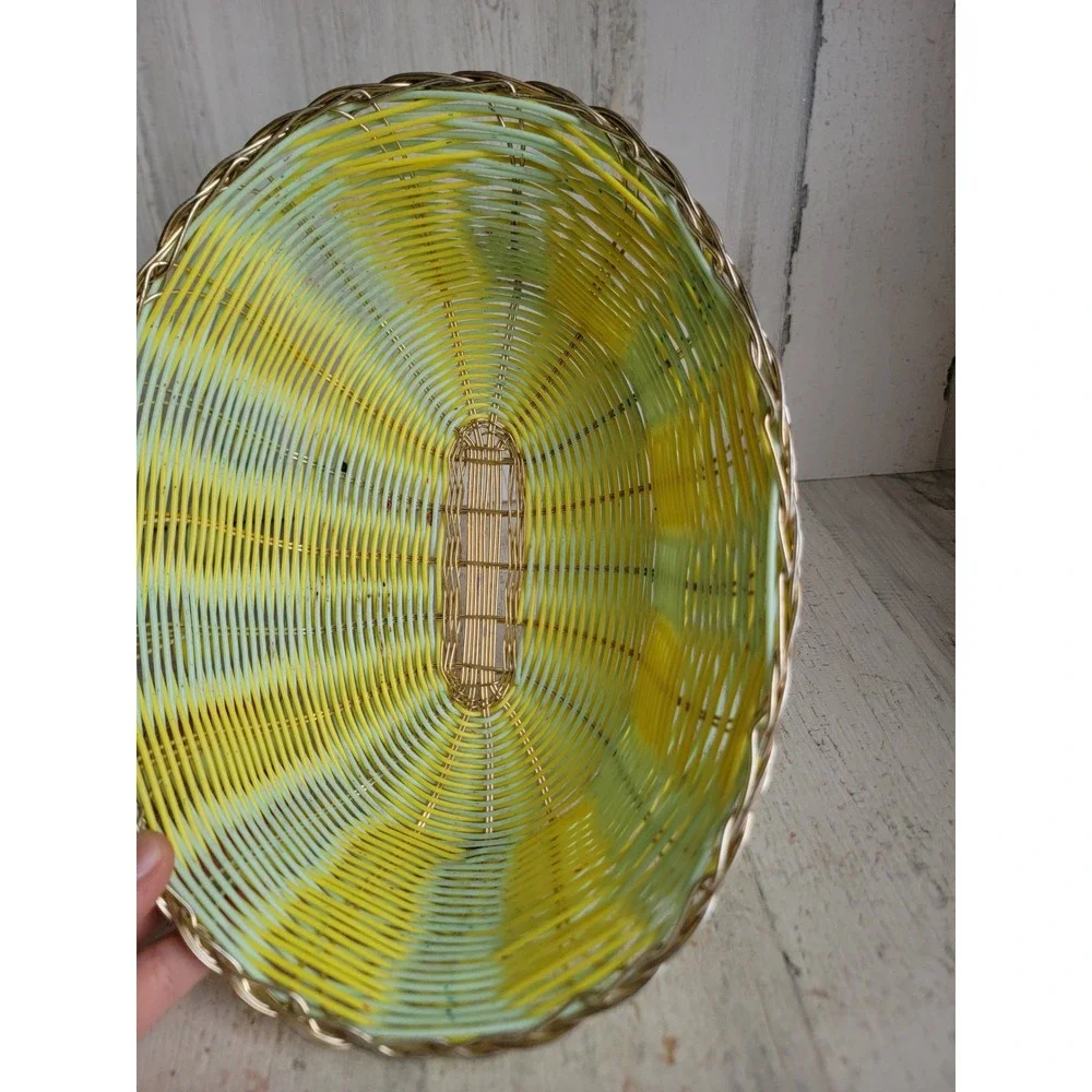 Small Easter yellow‎ green wicker basket spring metal rimmed home decor